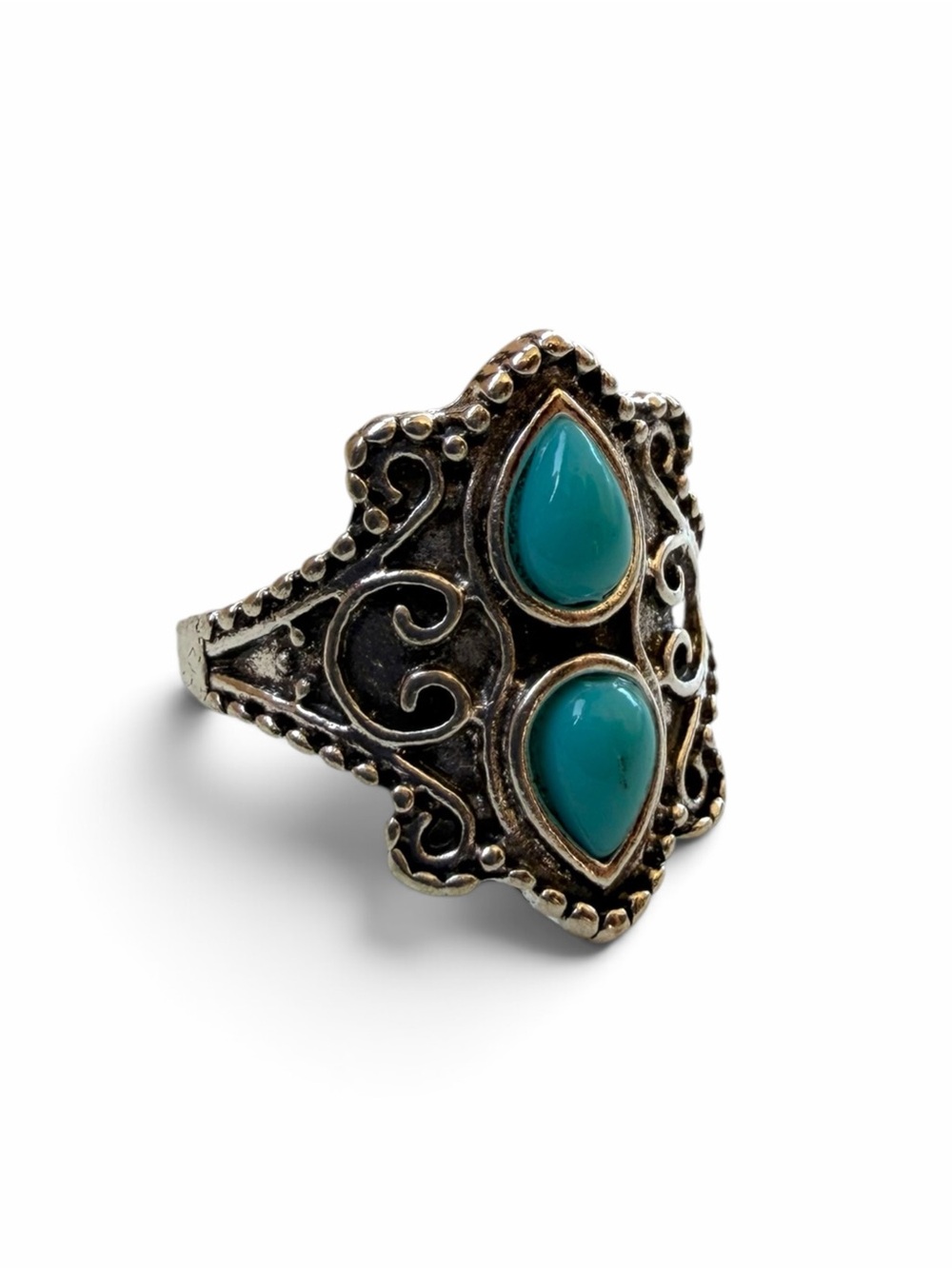 Silver Tone Filigree Turquoise Stone Ring